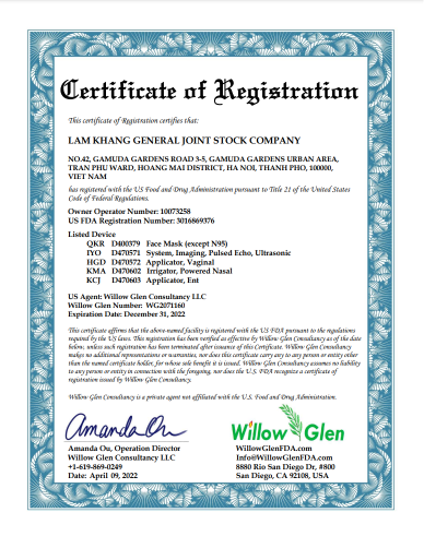 US FDA device registration certificate, not an FDA approval