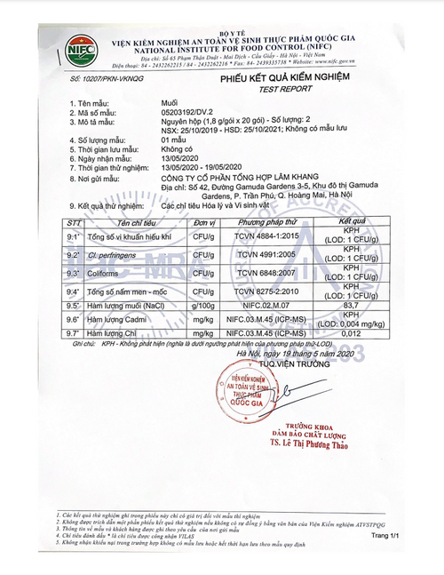 Salt product laboratory test report dated May 2020